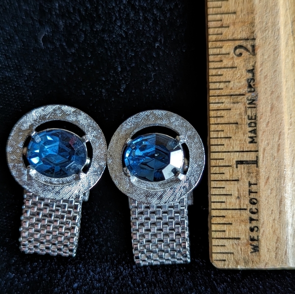 Vintage Swank Chain Mesh Cufflinks  with Silver Tone/Blue Stone and Bullet Backs - Picture 5 of 6